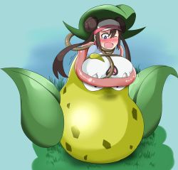 Rule 34 | 10s, 1girl, asphyxiation, blue eyes, blush, bound, breasts, brown hair, creatures (company), fangs, female focus, game freak, gen 1 pokemon, gradient background, hair between eyes, hair bun, hat, huge breasts, large breasts, leaf, nature, nega96396, nintendo, one eye closed, open mouth, outdoors, plant, pokemon, pokemon (creature), pokemon bw2, restrained, rosa (pokemon), single hair bun, sky, solo, tentacles, upper body, victreebel, vines, vore