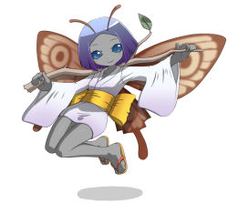 Rule 34 | 1girl, antennae, blue eyes, branch, breasts, brown wings, butterfly wings, choukeshin (megami tensei), closed mouth, collarbone, colored skin, devil summoner, eyebrows, eyelashes, fairy, flying, full body, geta, grey skin, holding, insect wings, japanese clothes, kimono, leaf, long sleeves, nollety, obi, parted bangs, purple hair, sash, shadow, shin megami tensei, short hair, short kimono, simple background, small breasts, smile, solid eyes, solo, thigh gap, white background, white kimono, wings