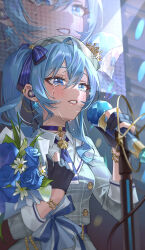 Rule 34 | 1girl, absurdres, blue eyes, blue flower, blue hair, blue nails, bouquet, bow, bracelet, choker, collared shirt, crown, crying, crying with eyes open, earrings, flower, gloves, hair between eyes, hair bow, highres, holding, holding bouquet, holding microphone, hololive, hoshimachi suisei, hoshimachi suisei (1st costume), jewelry, jyuma, long hair, microphone, mini crown, open mouth, partially fingerless gloves, screen, shirt, sleeves past elbows, smile, stage, tears, virtual youtuber, white flower