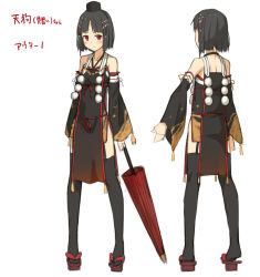 Rule 34 | 1girl, bad id, bad pixiv id, bare shoulders, black hair, black thighhighs, closed umbrella, detached sleeves, garter straps, geta, hat, japanese clothes, kinta (distortion), looking at viewer, multiple views, oil-paper umbrella, original, red eyes, short hair, simple background, tengu, thighhighs, tokin hat, traditional youkai, translation request, umbrella, white background