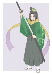 Rule 34 | 1boy, absurdres, bad id, bad twitter id, border, closed mouth, copyright request, donguri suzume, full body, grey background, hakama, hakama skirt, hands up, haori, highres, holding, holding sword, holding weapon, japanese clothes, katana, long hair, long sleeves, looking at viewer, male focus, parted bangs, red eyes, sandals, scabbard, sheath, sheathing, simple background, skirt, solo, standing, sword, tabi, turtle, virtual youtuber, weapon, white border, white legwear, wide sleeves
