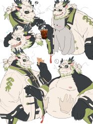 Rule 34 | !, absurdres, bara, bare pectorals, beard, belly, black fur, black shirt, blush, chin rest, cigarette, cropped shoulders, cropped torso, disembodied hand, dragon boy, dragon horns, drink, facial hair, fat, fat man, full beard, furry, furry male, green hair, head on head, head rest, highres, holding, holding drink, horns, jacket, lapels, long mustache, male focus, multicolored fur, multicolored hair, multiple views, mustache, original, patting belly, pectorals, ponytail, sharp teeth, shirt, silhouette, simple background, sketch, smoking, spoken exclamation mark, surprised, tassel, teeth, two-tone hair, white background, white fur, white hair, white jacket, yed (yedsilent)