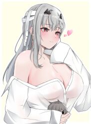 Rule 34 | 1girl, blush, breasts, character doll, cleavage, closed mouth, collarbone, collared shirt, goddess of victory: nikke, grey hair, hair between eyes, hairband, large breasts, long hair, long sleeves, modernia (first affection) (nikke), modernia (nikke), official alternate costume, oversized clothes, peli cantaro, red eyes, see-through, see-through shirt, shirt, simple background, single bare shoulder, smile, solo, upper body, white shirt