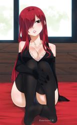 Rule 34 | 1girl, artist name, bare shoulders, bed, black panties, blush, breasts, brown eyes, collarbone, elbow gloves, erza scarlet, fairy tail, gaston18, gloves, hair over one eye, highres, large breasts, lips, long hair, looking to the side, panties, pantyshot, parted lips, red hair, sitting, solo, thighhighs, underwear