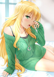 Rule 34 | 1girl, ;o, ahoge, aran sweater, arm support, bare legs, barefoot, bed sheet, blonde hair, blurry, blush, breasts, cable knit, camisole, collarbone, depth of field, glint, green eyes, green sweater, hoshii miki, idolmaster, idolmaster (classic), indoors, jewelry, leaning to the side, long hair, looking at viewer, miri (ago550421), morning, nail polish, off shoulder, on bed, one eye closed, pendant, pink nails, ring, rubbing eyes, signature, sitting, sleeves past wrists, small breasts, solo, sweater, sweater vest, wall, window, yokozuwari