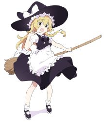 Rule 34 | 1girl, apron, black footwear, black hat, black skirt, black vest, blonde hair, bow, braid, broom, fang, full body, hair bow, hand up, hat, hat bow, highres, holding, holding broom, kirisame marisa, kt kkz, long hair, looking at viewer, open mouth, shirt, shoes, short sleeves, simple background, single braid, skin fang, skirt, smile, socks, solo, strap pull, touhou, vest, waist apron, white background, white bow, white shirt, white socks, witch hat, yellow eyes