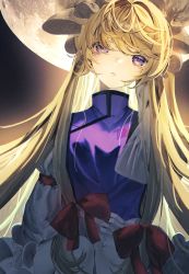 Rule 34 | 1girl, arm strap, backlighting, bow, colored eyelashes, commentary, dress, eye reflection, full moon, hair bow, hat, head tilt, highres, long hair, long sleeves, looking at viewer, mob cap, moon, open mouth, purple eyes, purple tabard, red bow, red ribbon, reflection, ribbon, sitting, sky, solo, star (sky), starry sky, tabard, toho sweet, touhou, upper body, white dress, white hat, yakumo yukari