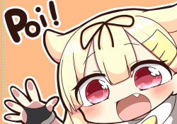 Rule 34 | 10s, 1girl, :d, black gloves, blonde hair, bow, chibi, fang, fingerless gloves, gloves, hair bow, hair flaps, hair ornament, hair ribbon, hairclip, high five, highres, jako (jakoo21), kantai collection, long hair, looking at viewer, open mouth, poi, red eyes, ribbon, scarf, smile, solo, yuudachi (kancolle), yuudachi kai ni (kancolle)