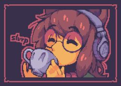 Rule 34 | 1girl, animal ears, artist request, brown hair, closed eyes, colored skin, cup, drinking, english text, framed, game screenshot, glasses, headphones, holding, holding cup, lewd leaf land, molly (lewd leaf land), non-web source, outline, pixel art, raccoon ears, red outline, round eyewear, simple background, teacup, upper body, yellow skin