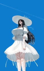Rule 34 | 1girl, 2channel, absurdres, adapted costume, alternate hairstyle, arm at side, arm ribbon, black hair, blue sky, blush, breasts, cleavage, closed mouth, contrail, cowboy shot, day, dress, expressionless, hair ribbon, hasshaku-sama, hat, highres, huge breasts, leg ribbon, long hair, looking at viewer, looking down, neck ribbon, oruka (kamituki0827), outdoors, parted bangs, red eyes, ribbon, short dress, sky, solo, standing, straight hair, sun hat, tall female, thigh ribbon, veins, white dress, white hat, white ribbon