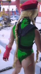 Rule 34 | 1girl, animated, animated gif, ass, ass shake, bare shoulders, blonde hair, braid, cammy white, cammy white (cosplay), cosplay, from behind, hat, jillstyler, leotard, long hair, real life, sleeveless, spanish (nationality), street fighter, thong leotard