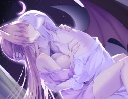 Rule 34 | 1boy, 1girl, ahegao, bare shoulders, biting, black nails, blood, blue hair, blush, breasts, commentary request, crescent moon, curtains, fingernails, hair intakes, hair over eyes, large breasts, lingerie, long hair, moon, mvv, nail polish, neck biting, negligee, night, night sky, nipples, off shoulder, open mouth, pink hair, pointy ears, saliva, sky, star (sky), starry sky, straddling, underwear, wings