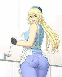 Rule 34 | 10s, 1girl, apron, aqua eyes, ass, atago (kancolle), bare shoulders, blonde hair, breasts, casual, cowboy shot, denim, gloves, hat, huge breasts, jeans, kantai collection, ladle, long hair, looking at viewer, looking back, lvl (sentrythe2310), open mouth, pants, pantylines, smile, solo, standing