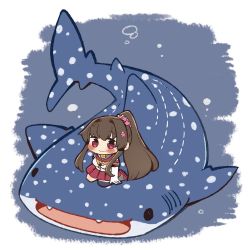 Rule 34 | 10s, 1girl, blush stickers, brown hair, chibi, elbow gloves, fang, fangs, gloves, hair intakes, kantai collection, kneeling, long hair, ponytail, red eyes, riding, same anko, shark, single thighhigh, smile, thighhighs, underwater, very long hair, whale shark, yamato (kancolle)