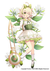 Rule 34 | 1girl, ;d, ahoge, blonde hair, bobby socks, bow, corset, dress, flower, flower knight girl, full body, green bow, green eyes, green footwear, hair bow, hakobera (flower knight girl), looking at viewer, mary janes, name connection, object namesake, official art, one eye closed, open mouth, shiodome oji, shoes, short hair, smile, socks, solo, standing, striped, striped bow, white dress, white socks