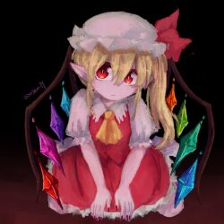 Rule 34 | 0303emily, 1girl, ascot, black background, blonde hair, brown background, closed mouth, collared shirt, crystal, dark background, flandre scarlet, frilled skirt, frills, frown, hair between eyes, hat, looking at viewer, medium hair, mob cap, multicolored wings, nail polish, one side up, pointy ears, puffy short sleeves, puffy sleeves, red eyes, red nails, red skirt, red vest, shirt, short sleeves, simple background, skirt, skirt set, solo, touhou, vest, white hat, white shirt, wings, yellow ascot