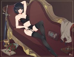 Rule 34 | 1girl, alcohol, arm up, armpits, artist name, bare arms, bare shoulders, black bra, black hair, black panties, black thighhighs, blue eyes, bob cut, book, border, bouquet, bra, breasts, brown background, chalice, closed mouth, collarbone, couch, cup, fire emblem, fire emblem heroes, flower, full body, garter straps, hand on own thigh, highres, knee up, lingerie, lipstick, looking at viewer, lying, makeup, medium breasts, midriff, navel, nintendo, olwen (fire emblem), on back, on couch, panties, purple background, r3dfive, reclining, red lips, sitting, smile, strapless, strapless bra, sword, thighhighs, underwear, weapon, wine