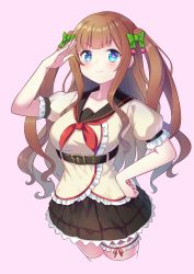 Rule 34 | .live, 1girl, absurdres, belt, blue eyes, blush, breasts, brown hair, collarbone, commentary request, hair ribbon, highres, kakyouin chieri, large breasts, pink background, ribbon, salute, school uniform, shinori (efvbji6264), simple background, smile, solo, virtual youtuber