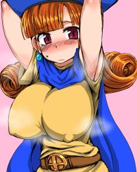 Rule 34 | 1girl, alena (dq4), armpits, arms up, belt, blush, breasts, cape, chunsoft, dragon quest, dragon quest iv, enix, hat, huge breasts, kitsune-tsuki (getter), long hair, no bra, orange hair, simple background, smell, solo, sweat