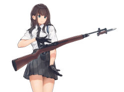 Rule 34 | 1girl, battle rifle, bayonet, black gloves, black hair, blue eyes, blush, breasts, commentary, english commentary, genso, gloves, gun, long hair, m14, medium breasts, necktie, original, pleated skirt, rifle, shirt tucked in, simple background, skirt, smile, solo, standing, weapon, white background