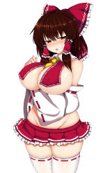 Rule 34 | 1girl, absurdres, adapted costume, alternate breast size, blush, bow, breasts, brown hair, detached sleeves, frilled bow, frills, groin, hair bow, hair tubes, hakurei reimu, highres, isshin (sasayamakids), large breasts, looking away, medium hair, miniskirt, no bra, no panties, nontraditional miko, open mouth, red bow, red eyes, revealing clothes, ribbon-trimmed sleeves, ribbon trim, sidelocks, simple background, skirt, textless version, thighs, touhou, white background