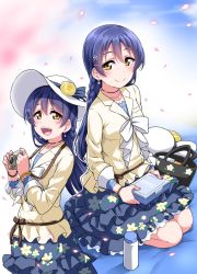 Rule 34 | 1girl, bag, bento, blue hair, blush, braid, camera, closed mouth, commentary request, earrings, floral print, hair between eyes, hair ornament, hairclip, hat, highres, holding, jewelry, long hair, long sleeves, looking at viewer, love live!, love live! school idol festival, love live! school idol project, multiple persona, necklace, open mouth, petals, seiza, sitting, smile, solo, sonoda umi, yellow eyes, yopparai oni