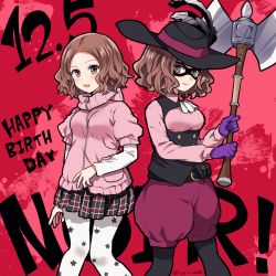 Rule 34 | 10s, 1girl, axe, bandolier, birthday, black pantyhose, blush, brown eyes, brown hair, commentary request, domino mask, dual persona, gloves, hat, hat feather, mask, okumura haru, pantyhose, persona, persona 5, pink sweater, plaid, plaid skirt, purple gloves, short hair, skirt, solo, sweater, twitter username, tyeinn-suineryuu, underbust, weapon, white pantyhose