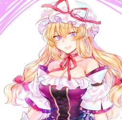 Rule 34 | 1girl, bare shoulders, blonde hair, bow, breasts, choker, cleavage, closed mouth, collarbone, detached sleeves, dress, frills, hair between eyes, hair bow, hat, hat ribbon, here (artist), large breasts, long hair, looking at viewer, mob cap, purple dress, purple eyes, red bow, red ribbon, ribbon, ribbon choker, smile, solo, touhou, upper body, white background, white hat, yakumo yukari
