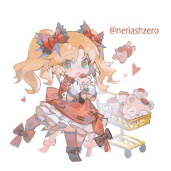 Rule 34 | 1girl, arknights, black bow, black footwear, blush, boots, bow, chibi, dress, dress bow, feather hair, frilled dress, frills, full body, gloves, green eyes, hair bow, highres, holding, holding stuffed toy, long hair, long sleeves, looking at viewer, mole, mole under eye, neriash, official alternate costume, open mouth, orange hair, pinecone (arknights), pinecone (sing a song) (arknights), red bow, red dress, red thighhighs, shopping cart, solo, stuffed toy, thighhighs, twintails, twitter username, white gloves