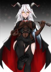 Rule 34 | 1girl, :q, absurdres, aegir (azur lane), artist name, azur lane, black cape, bodystocking, breast curtains, breasts, brown gloves, cape, covered navel, cross, cross-laced clothes, cross earrings, demon horns, earrings, elbow gloves, from below, gloves, gradient background, grey background, highres, holding, holding riding crop, holding whip, horns, iron cross, jewelry, large breasts, long hair, looking at viewer, looking down, multicolored hair, red hair, riding crop, simple background, skin tight, solo, streaked hair, tongue, tongue out, two-tone hair, underbust, white hair, wunahori, yellow eyes