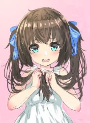 Rule 34 | 1girl, 3:, absurdres, aqua eyes, blue bow, blush, bow, brown hair, dress, hair bow, hands up, highres, holding, holding hair, long hair, looking at viewer, oota youjo, open mouth, original, pink background, simple background, sketch, solo, tears, twintails, upper body, white dress
