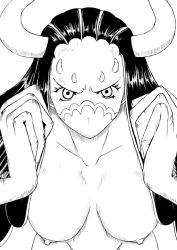 Rule 34 | 1girl, black hair, breasts, horns, long hair, mask, monochrome, nipples, one piece, simple background, solo, ulti (one piece), white background