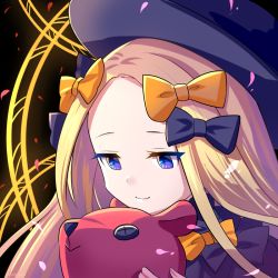 Rule 34 | 1girl, abigail williams (fate), black bow, black dress, black hat, blonde hair, blue eyes, bow, closed mouth, commentary request, dress, fate/grand order, fate (series), forehead, hair bow, hat, holding, holding stuffed toy, long hair, looking down, miyatsuki sorako, orange bow, parted bangs, smile, solo, stuffed animal, stuffed toy, teddy bear