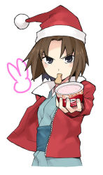 Rule 34 | 1girl, brown eyes, brown hair, christmas, food, haagen-dazs, hat, ice cream, jacket, japanese clothes, kara no kyoukai, kimono, obi, rabbit, red jacket, ryougi shiki, santa hat, sash, short hair, simple background, solo, takenashi eri, type-moon, white background