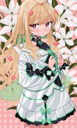 Rule 34 | 1girl, bad id, bad twitter id, blonde hair, blush, closed mouth, coat, copyright request, flower, hands up, highres, long hair, long sleeves, looking at viewer, luicent, pink eyes, solo, standing, tokifu mayura, virtual youtuber, white coat, white flower