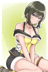 Rule 34 | 1girl, akashi maho, bare shoulders, black shorts, blonde hair, blue eyes, breasts, cleavage, collarbone, commentary, d4dj, frilled straps, gold choker, gold necklace, green background, green hair, grey footwear, grin, hair between eyes, halftone, halftone background, highres, jewelry, large breasts, looking at viewer, multicolored hair, multicolored shirt, necklace, shirt, shoes, short hair, short shorts, shorts, sidelocks, sitting, sleeveless, sleeveless shirt, smile, sneakers, solo, streaked hair, teeth, thighlet, two-tone hair, two-tone shirt, wariza, yellow shirt, yuu (vy6wh7hqrrxdxx7), zipper pull tab