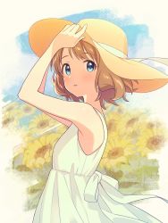 Rule 34 | 1girl, :o, agata (agatha), blurry, blurry background, blush, brown hair, dress, field, flower, flower field, hat, highres, holding, holding clothes, holding hat, idolmaster, idolmaster million live!, looking to the side, short hair, sleeveless, sleeveless dress, solo, sun hat, sundress, sunflower, sunflower field, suou momoko, upper body, white dress