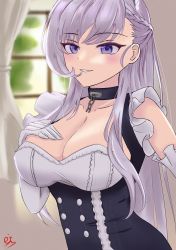 Rule 34 | 1girl, absurdres, artist name, azur lane, bad id, bad pixiv id, belfast (azur lane), blue eyes, blush, braid, breasts, chain, cleavage, collarbone, dress, eiundmarmalade, elbow gloves, french braid, gloves, hand on own chest, highres, large breasts, long hair, looking at viewer, maid, open mouth, silver hair, simple background, smile, solo, upper body, white gloves