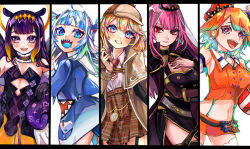 Rule 34 | 5girls, ahoge, arm under breasts, belt, black gloves, blonde hair, blue eyes, blue hair, blue tongue, blunt bangs, blush, breasts, cape, capelet, chef hat, cleavage, cleavage cutout, clothing cutout, collared shirt, colored tongue, column lineup, deerstalker, detached sleeves, earrings, feather earrings, feathers, fins, fish tail, flat chest, from behind, gawr gura, gawr gura (1st costume), gloves, gradient hair, green hair, hair ornament, halo, hand on own chest, hat, high-waist skirt, holding, holding magnifying glass, hololive, hololive english, holomyth, jewelry, leaning forward, light smile, looking at viewer, looking to the side, low wings, magnifying glass, mamiya miya, medium breasts, medium hair, midriff, miniskirt, mole, mole under eye, monogram, mori calliope, mori calliope (1st costume), multicolored hair, multiple girls, nail polish, navel, necktie, ninomae ina&#039;nis, ninomae ina&#039;nis (1st costume), open mouth, orange hair, orange headwear, orange skirt, pink hair, plaid, plaid skirt, pocket watch, pointy ears, purple eyes, purple hair, red eyes, red neckwear, shark tail, sharp teeth, shirt, short necktie, silver hair, single detached sleeve, skirt, sparkling eyes, streaked hair, tail, takanashi kiara, takanashi kiara (1st costume), teeth, tentacle hair, tentacles, thighhighs, tiara, tsurime, two side up, v, v-shaped eyebrows, veil, virtual youtuber, watch, watson amelia, watson amelia (1st costume), white headwear, wings