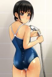 Rule 34 | 1girl, absurdres, ass, black hair, blue one-piece swimsuit, blush, brown eyes, closed mouth, competition swimsuit, fingernails, from behind, hair between eyes, highres, holding, holding shower head, looking at viewer, looking back, matsunaga kouyou, one-piece swimsuit, original, shower head, smile, solo, swimsuit, tile wall, tiles, water, wet