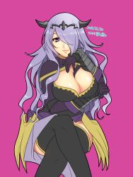 Rule 34 | 1girl, breasts, camilla (fire emblem), cleavage, cleavage cutout, clothing cutout, female focus, fire emblem, fire emblem fates, gloves, hair over one eye, highres, hiwa kurige, large breasts, long hair, looking at viewer, nintendo, purple eyes, purple hair, sitting, smile, solo, thighhighs