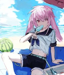 Rule 34 | 1boy, animal ears, ansel (arknights), ansel (casual vacation) (arknights), arknights, arm support, beach, black shorts, blue neckerchief, blue sky, cloud, cloudy sky, floppy ears, food, food in mouth, fruit, hair between eyes, highres, looking at viewer, lop rabbit ears, male focus, midriff, mouth hold, navel, neckerchief, official alternate costume, one-hour drawing challenge, osakanadream, pink eyes, pink hair, popsicle, popsicle in mouth, rabbit boy, rabbit ears, sand, shirt, shirt tug, short hair, short sleeves, shorts, sitting, sketch, sky, solo, sweat, trap, umbrella, water, watermelon, white shirt