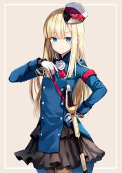 Rule 34 | 1girl, armband, blonde hair, blue dress, blue eyes, brown pantyhose, buttons, commentary request, cowboy shot, double-breasted, dress, fate (series), flower, gloves, hand on own hip, hand up, hat, highres, long hair, long sleeves, looking at viewer, lord el-melloi ii case files, nonono (nononotea), pantyhose, peaked cap, reines el-melloi archisorte, rose, sheath, sheathed, sidelocks, smile, solo, standing, sword, tilted headwear, weapon, white flower, white gloves