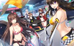 Rule 34 | 5girls, absurdres, arius esquede, audience, bare shoulders, bikini, bikini under clothes, breasts, brown hair, car, cleavage, counter:side, glasses, highleg, highleg panties, highres, kang soyoung, kim chowon, long hair, lumi (counter:side), motor vehicle, multiple girls, navel, official art, outdoors, panties, pink bikini, race queen, shin jia, sports car, swimsuit, underwear, white hair