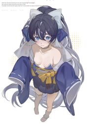 +_+ 1girl ahoge ariko_(aaaaarik) azur_lane bare_shoulders black_hair blue_kimono bow breasts collarbone detached_sleeves full_body grey_choker hair_bow highres japanese_clothes kimono long_hair long_sleeves looking_at_viewer multicolored_hair nipple_slip nipples no_shoes ponytail revealing_clothes single_thighhigh sleeves_past_fingers sleeves_past_wrists small_breasts solo streaked_hair thighhighs undersized_breast_cup undersized_clothes very_long_hair white_bow yoizuki_(azur_lane)