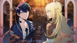Rule 34 | 2boys, beer mug, black gloves, blonde hair, blue eyes, blurry, blurry background, copyright name, cup, earrings, eye contact, gloves, indoors, jewelry, lazaro (pixiv fantasia age of starlight), long hair, looking at another, mug, multiple boys, peili (pixiv fantasia age of starlight), people, pixiv fantasia, pixiv fantasia age of starlight, rezia, short hair, silhouette, grey eyes, smile, upper body