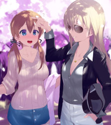Rule 34 | 10s, 2girls, alternate costume, bismarck (kancolle), blonde hair, blue eyes, blush, breasts, cleavage, contemporary, glasses, kantai collection, kusaka souji, multiple girls, open mouth, prinz eugen (kancolle), ribbed sweater, smile, sunglasses, sweater, twintails, yuri