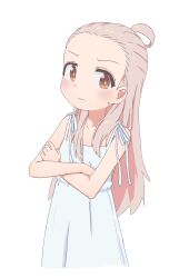 Rule 34 | 1girl, absurdres, ahoge, bare arms, bare shoulders, brown eyes, chinese commentary, commentary, crossed arms, dress, forehead, frown, genderswap, genderswap (mtf), hair slicked back, highres, light blush, long hair, looking at viewer, onii-chan wa oshimai!, oyama mahiro, pink hair, sfm zhang, simple background, sleeveless, sleeveless dress, solo, white background, white dress