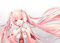 Rule 34 | 1girl, bare shoulders, detached sleeves, hatsune miku, headphones, headset, long hair, looking at viewer, mirunai, necktie, open mouth, own hands together, petals, pink eyes, pink hair, sakura miku, solo, twintails, very long hair, vocaloid