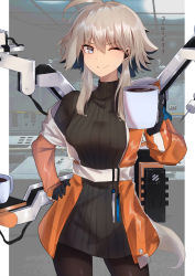 Rule 34 | 1girl, absurdres, ahoge, arknights, brown hair, closed mouth, coffee, coffee mug, cup, grey eyes, highres, jacket, mayer (arknights), mug, one eye closed, otter tail, pantyhose, penguin4, short hair with long locks, smile, solo, sweater, tail